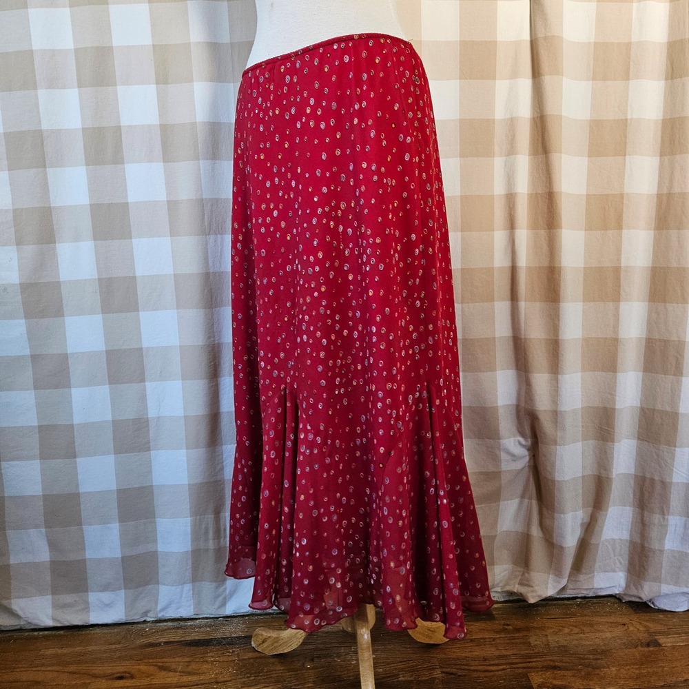 Vtg Y2K 00s Chadwicks Collection Women's Red Dot Print Chiffon Maxi Skirt Sz 16